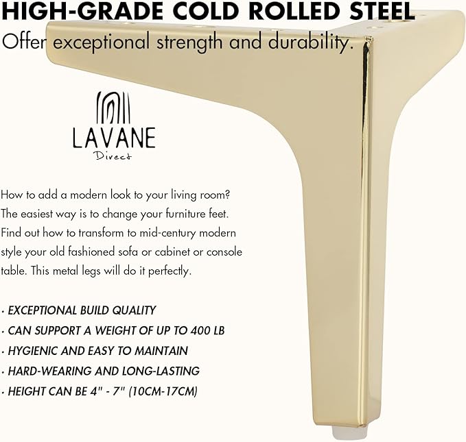 La Vane 4 Inch Metal Furniture Legs, Set of 4 - Modern Diamond Triangle Gold DIY Replacement Feet Corner Legs for Cabinet, Sofa, Sideboard, Couch, Dresser Makeover