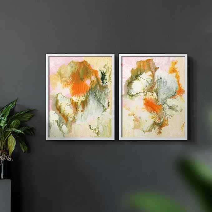 Renditions Gallery Set of 2 Peel & Stick Framed Prints, Modern Abstract Wall Art, Mix Color Oil Paint Design Wall Decor, Re-Stickable - Ready to Hang - 11"x14" - White Frame LT588