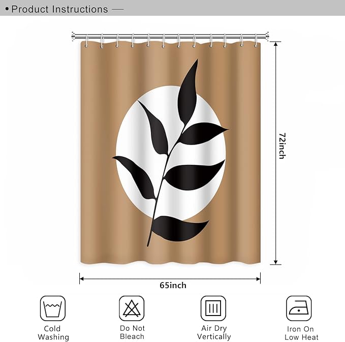 Abstract Bohemian Bathroom Shower Curtain - White Circle Eucalyptus Leaves Boho Tan With Hooks, Waterproof Polyester for Modern Aesthetics Home Decor, 65x72 Inch