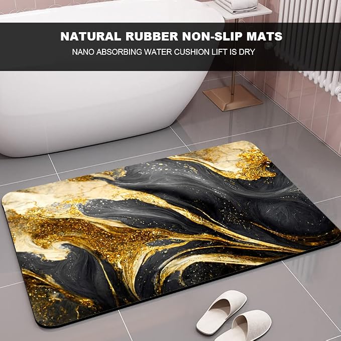 Diatomaceous Earth Bath Mat,Black Grey Gold Marble Texture Non-Slip Volume Super Absorbent Fast Drying for Bathroom Kitchen Door mat,Eco-Friendly Easy to Clean 20×31Inch(50 * 80cm)