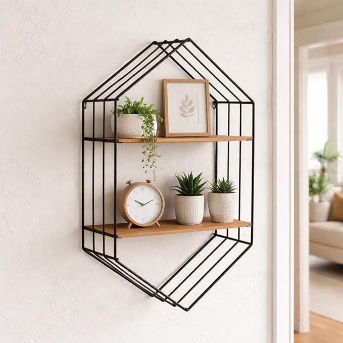 Sagebrook Home Wall Storage Shelf with Metal Frame & Wooden Shelves - Rustic Industrial Hanging Organizer for Home, Office, Bedroom, Living Room - 32" Brown