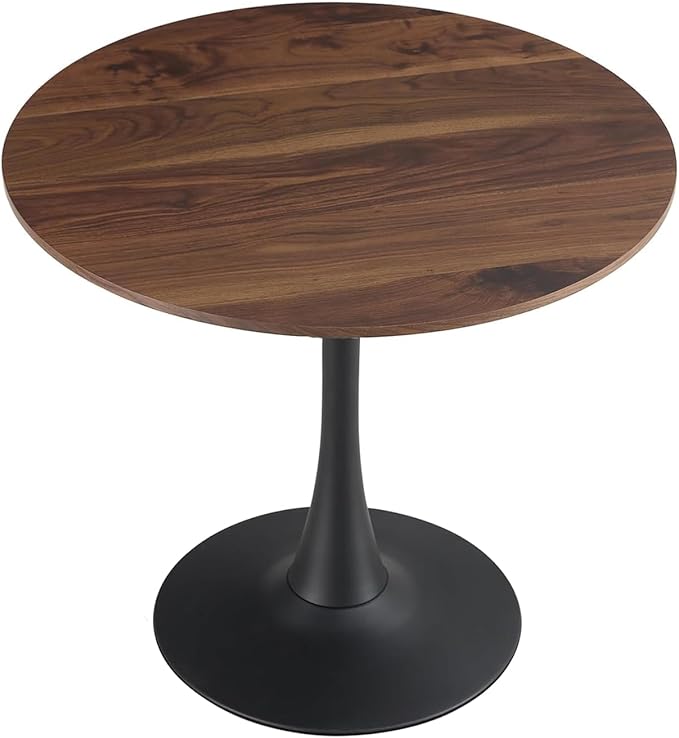 27.3" Round Tulip Dining Table for 2-4 People with Walnut Top and Black Metal Pedestal Base, Mid-Century Modern Small Space Table for Kitchen, Living Room, Cafe
