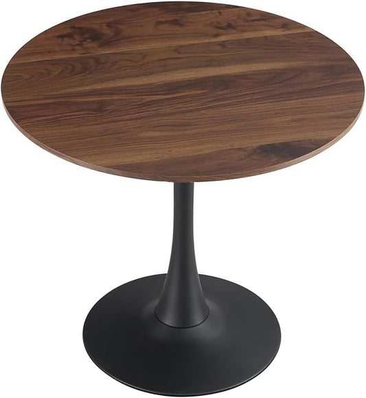 23.4" Round Tulip Dining Table for 2-4 People with Walnut Top and Black Metal Pedestal Base, Mid-Century Modern Small Space Table for Kitchen, Living Room, Cafe