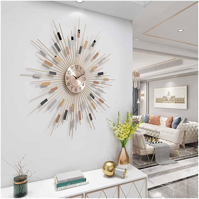 Gold Sunburst Wall Clock for Living Room - Large Non-Ticking Silent Modern Decor - Elegant Metal Dial Clock for Bedrooms