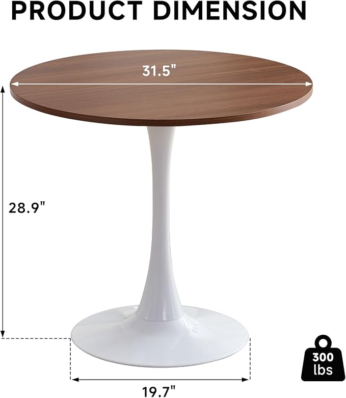 31.5" Round Dining Table for 2-4 Modern Circle Tulip Table with Metal White Tulip Pedestal Base for Kitchen Dining Living Room Apartment Small Space Cafe, Brown