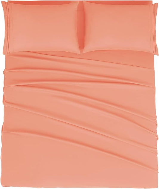 Mejoroom King Size Bed Sheet Set - Hotel Luxury 1800 Bedding Sheets & Pillowcases - 16" Deep Pocket Fitted Sheet, Soft, Breathable, Wrinkle & Fade Resistant - 4 Piece(King, Coral)