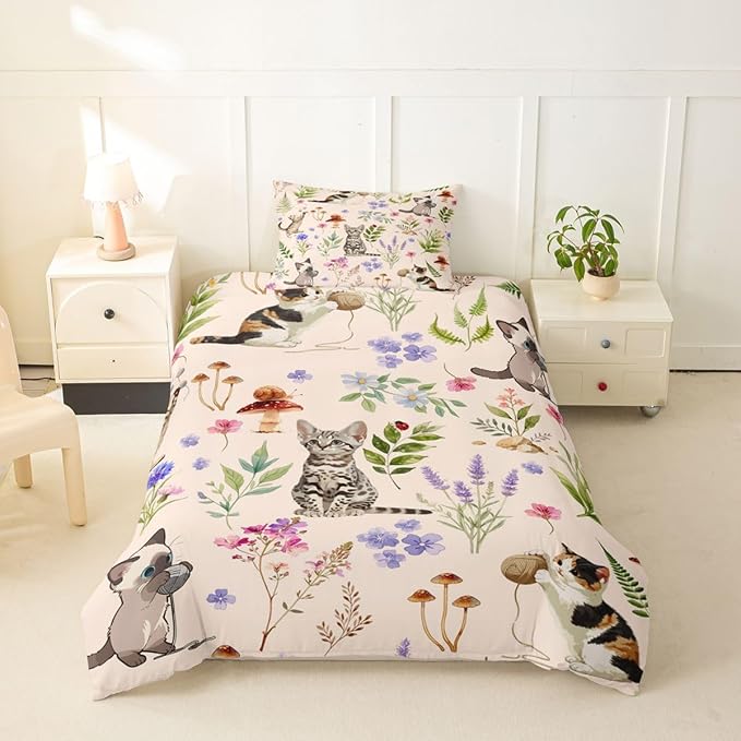 Erosebridal Cute Cat Toddler Comforter Cover Kitten Cat Lovers Bedding Set Beige Boho Watercolor Floral Duvet Cover for Kids Girls Boys Adults Funny Pet Animal Bed Set