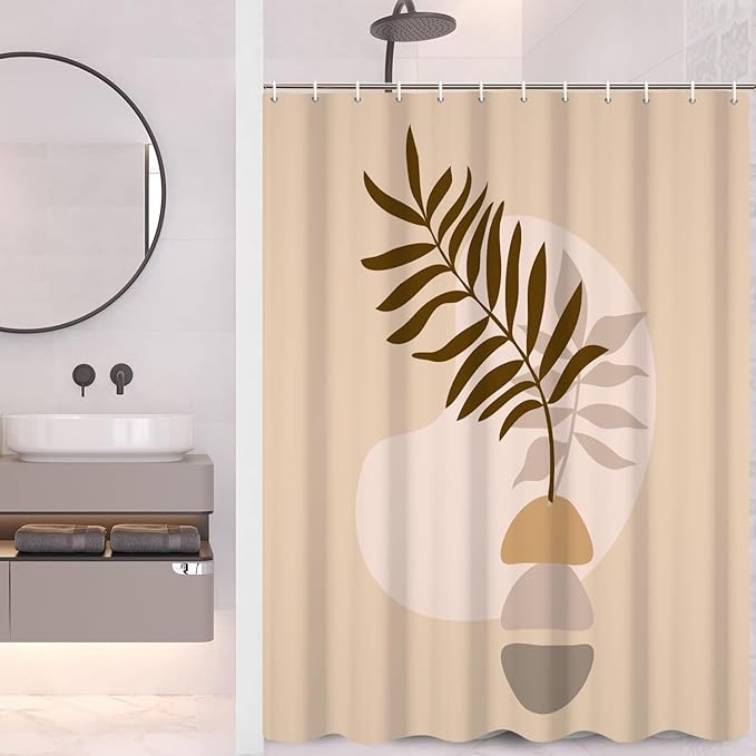 Abstract Bohemian Bathroom Shower Curtain - Eucalyptus Leaves Boho Beige With Hooks, Waterproof Fabric Polyester for Modern Aesthetics Home Decorative, 60x72 Inch
