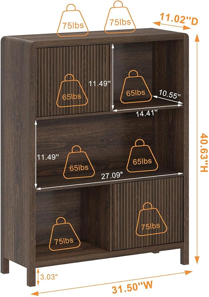 FATORRI Cube Bookshelf with 2 Doors, 4 Tier Wooden Bookcase, 5 Cube Storage Organizer for Home Office (Dark Walnut)