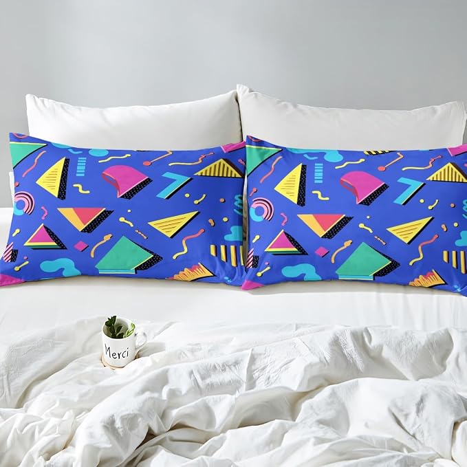 Geometric Duvet Cover 80s and 90s Hip Hop Bedding Set,Hipster Funky Comforter Cover Eighties Fashion Style Queen Bed Set,Round Triangle Square Diamond Shapes Artwork 1990S Memphis Home Decor