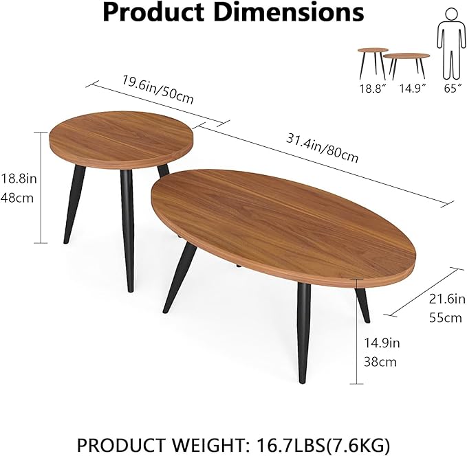 2-Piece Nesting Coffee Table Set, Oval & Round Mid-Century Modern Side Tables with MDF Tabletop & Metal Tapered Legs, Accent Table Set for Living Room, Small Spaces, Walnut