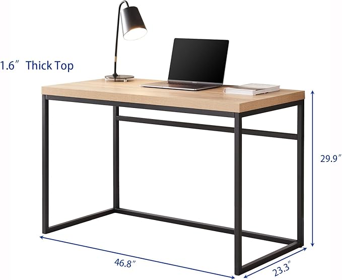 CENSI 47" Natural Oak Writing Computer Laptop PC Desk, Light Wood | Modern Industrial Writing Table, 1.6" Thick Wood Top, Sturdy Metal Frame, Home Office Workstation