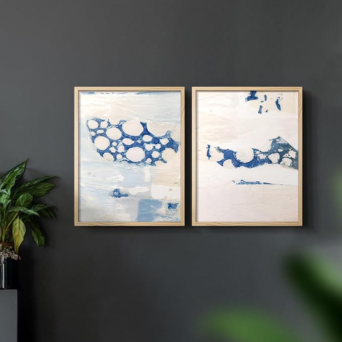 Renditions Gallery Set of 2 Peel & Stick Framed Prints, Textured Abstract Wall Art, White Blue Bubble Like Pattern Wall Decor, Re-Stickable - Ready to Hang - 22"x28" - NATURAL WOOD Frame LT588