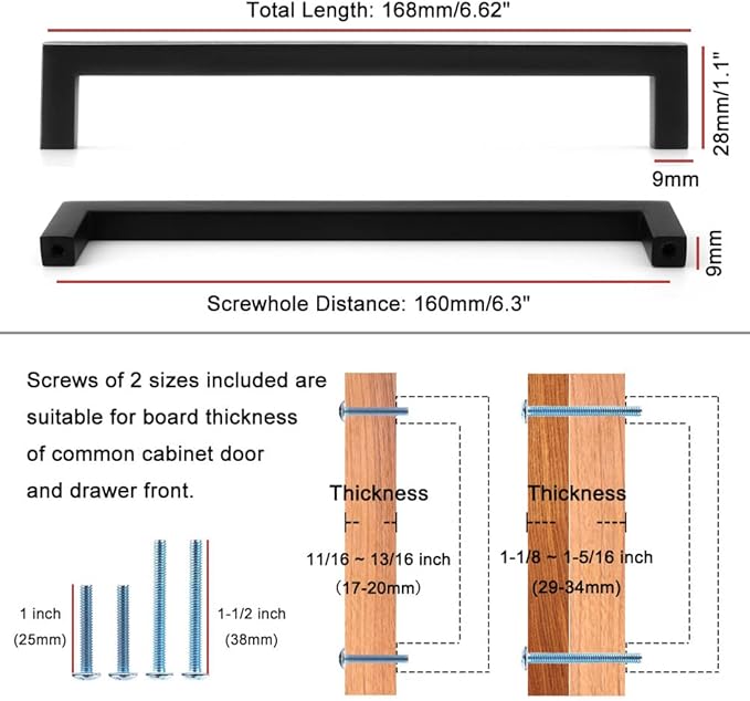 KOOFIZO Solid Square Bar Cabinet Handle - Brushed Nickel Furniture Pull, 6.3 Inch/160mm Screwhole Distance, 10-Pack for Kitchen Cupboard Door, Bedroom Dresser Drawer, Bathroom Wardrobe Hardware
