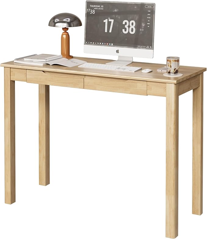 Solid Wood Desk with Drawers - 39 x 16 Inch Boho Narrow Desks, Mid Century Modern Desks, Rubber Wood Study Table, Small Writing Desk for Bedroom|Small Spaces, Natural