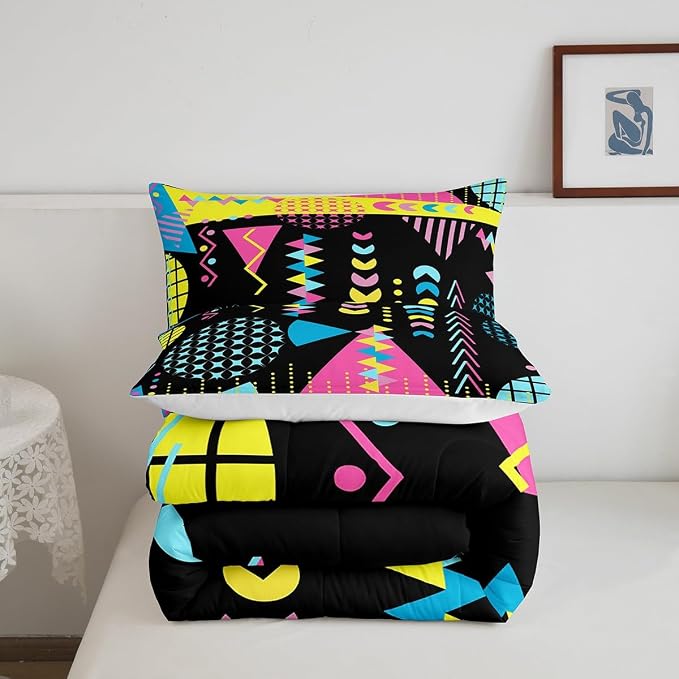 Manfei Memphis Comforter Set Twin Size, Retro 80s 90s Fashion Style Bedding Set 2pcs for Kids Boys Girls, Colorful Geometric Abstract Quilt Set Soft Polyester Duvet Set with 1 Pillowcase