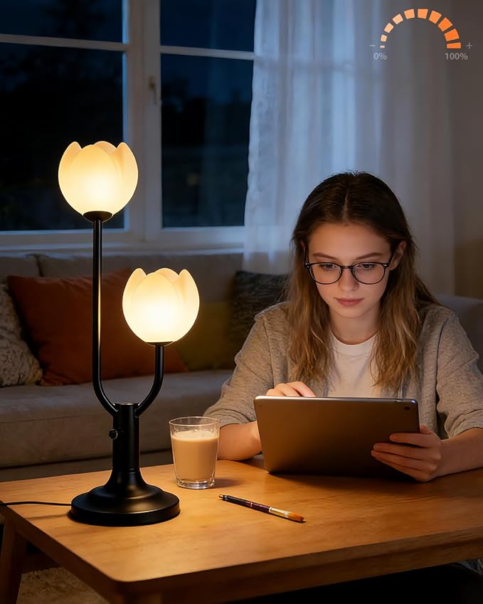 Lightdot Black Flower Table Lamp for Bedroom, 2 Floral Heads 3000K Warmwhite Dimmable Bedside Lamps with Plug, Mid Century Modern Small Desk Lamp for Living Room Nightstands Home Office