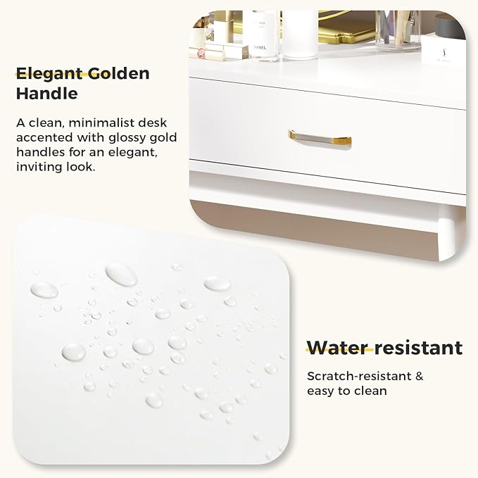 FUNKOCO White Small Desk with Drawers - 40 Inch White Home Office Study Writing Desk for Bedroom, Vanity Desk with 4 Solid Legs, Modern Computer Desk for Small Spaces
