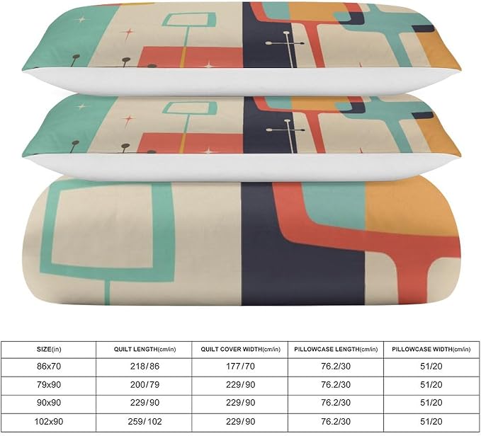 Mid Century Duvet Cover Queen Retro Atomic Bedding Set, Rainbow Grid Comforter Cover Vintage Fifties 1950s Bed Set，Abstract Art Bedding 3 Piece (1 Duvet Cover 79"x90" + 2 Pillow Sham 20"x30")