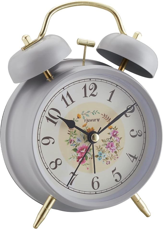 rjuwurv 4in Loud Alarm Twin Bell Alarm Clock, Night Light, Desk Clock, Bedroom Alarm Clock (Gray Rural)