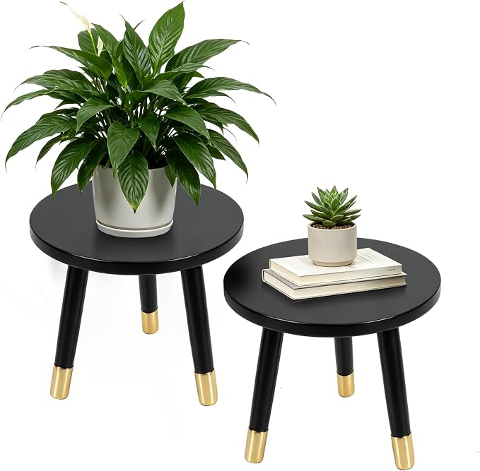 2-Pack Mid Century Plant Stand for Indoor Plants, Modern Metal Flower Pot Holder Stand for Living Room, Decorative Small Round Side Table for Balcony, Patio, Office, 8.9” High, Black