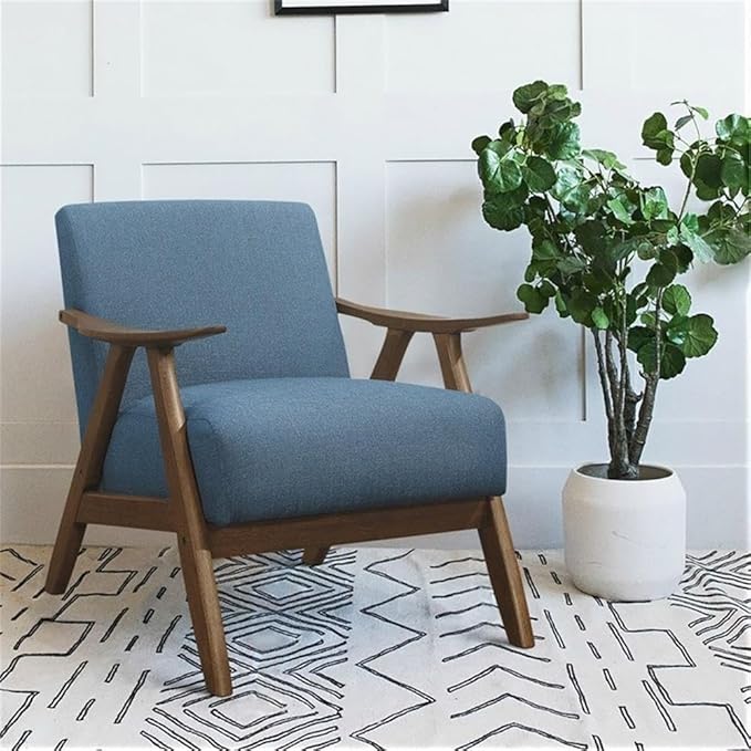 Lexicon Mid Century Modern Accent Chair with Solid Wood Frame in Walnut Finish, Upholstered Living Room Lounge Arm Chair, Thick and Comfy Innerspring Seat Cushion, Linen-Look Fabric, Blue