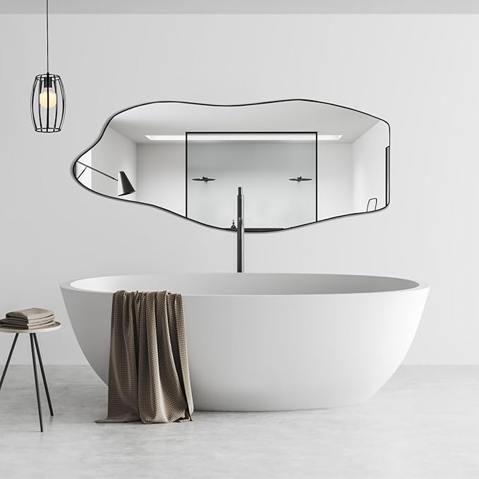 POZINO Irregular Mirror, 47"x20" Large Asymmetrical Mirrors, Funky Frameless Mirror Decor, Odd Shaped Mirrors for Bathroom Living Room Bedroom Entryway