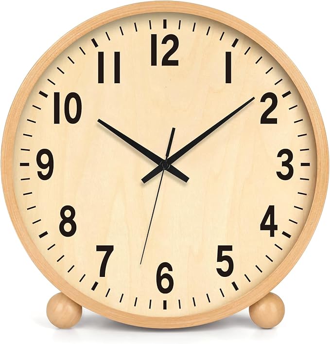 Maxspace Wooden Table Clock,8in Silent Non-Ticking Desk Clock,Battery Operated Desktop Analog Clock for Living Room Bedroom Kitchen Office Classroom Decor (Log)