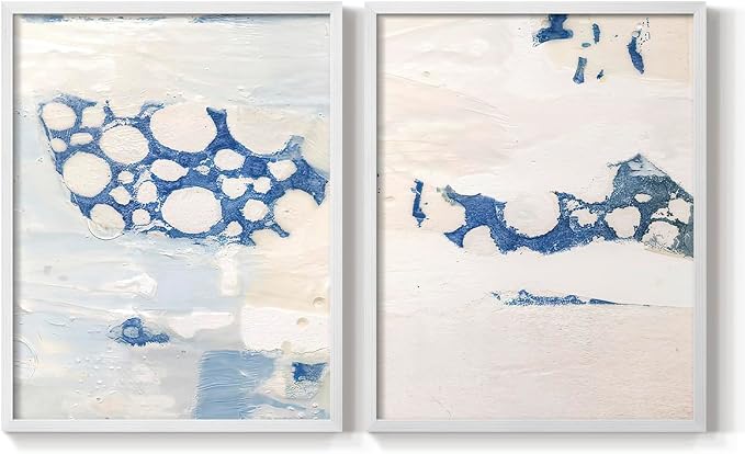 Renditions Gallery Set of 2 Peel & Stick Framed Prints, Textured Abstract Wall Art, White Blue Bubble Like Pattern Wall Decor, Re-Stickable - Ready to Hang - 11"x14" - White Frame LT588