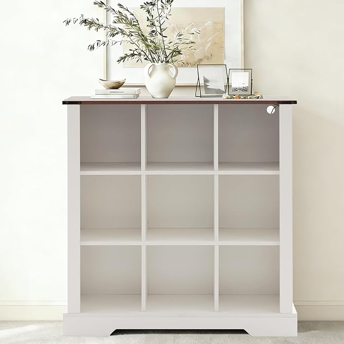 9 Cube Storage Organizer, 3 Tier Book Shelf with Led Lights, Farmhouse Book Shelves for Living Room, Horizontal Toy Storage Bookshelf, Wood Display Bookcase Cabinet for Bedroom, Office, White