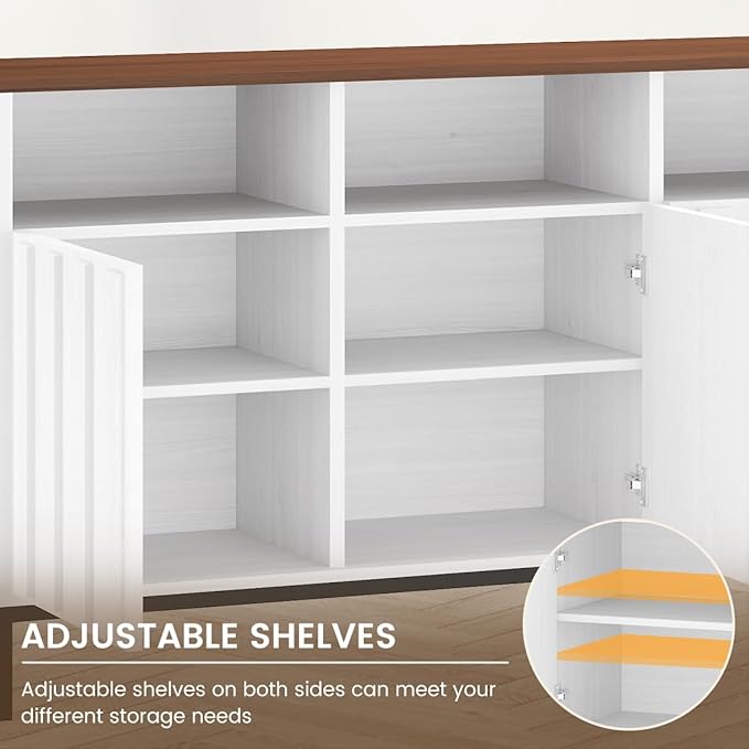 COCO DESIGN 70" Buffet Sideboard Cabinet with Fluted Panel Doors, Large Credenza Console with Power Outlet & Adjustable Shelves, Modern Storage Cabinet for Kitchen & Living Room, White