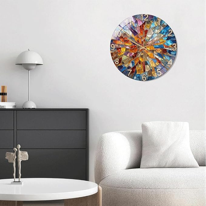 24 Inch Colorful Mosaic Glass Wall Clock Silent Art Decor | Silent glossy clock with a vibrant stained glass mosaic design, perfectly tracking time to brighten your living room