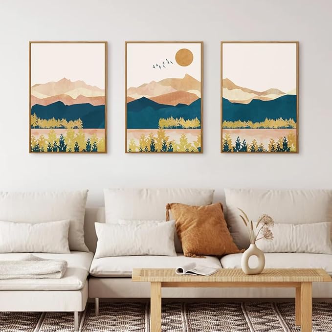 HPINUB Mountain Framed Canvas Wall Art Set, Mid Century Modern Wall Decor, Set of 3 Boho Artwork Nature Art Paintings, Bohemian Art Prints for Living Room, Bedroom, Dining Room, Office - 16"x24"x3