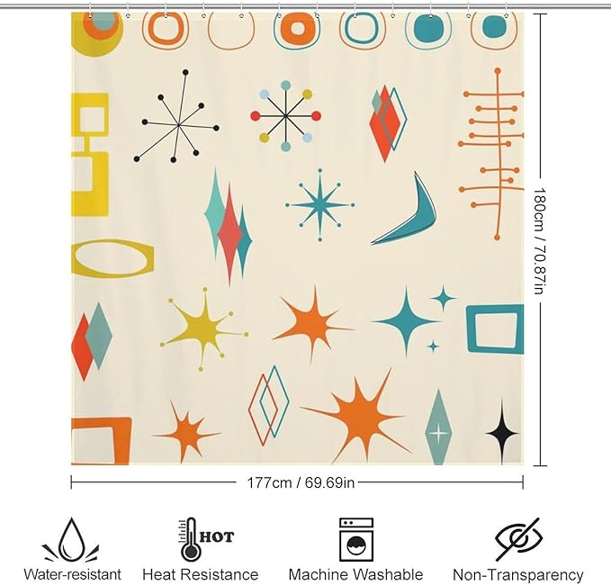 Mid Century Modern Shower Curtain,Vintage Iconic Atomic Modern Retro Space Abstract Geometric Fabric Bathroom Decor Curtains with Hooks 72x72in（183x183cm）