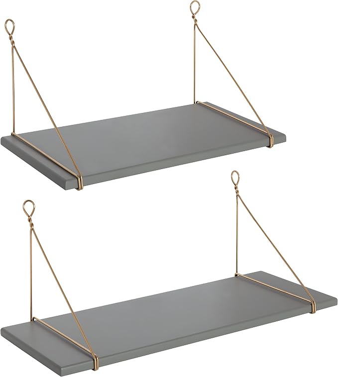 Kate and Laurel Vista Wood and Metal Wall Shelves, 2 Piece Set, Gray and Gold