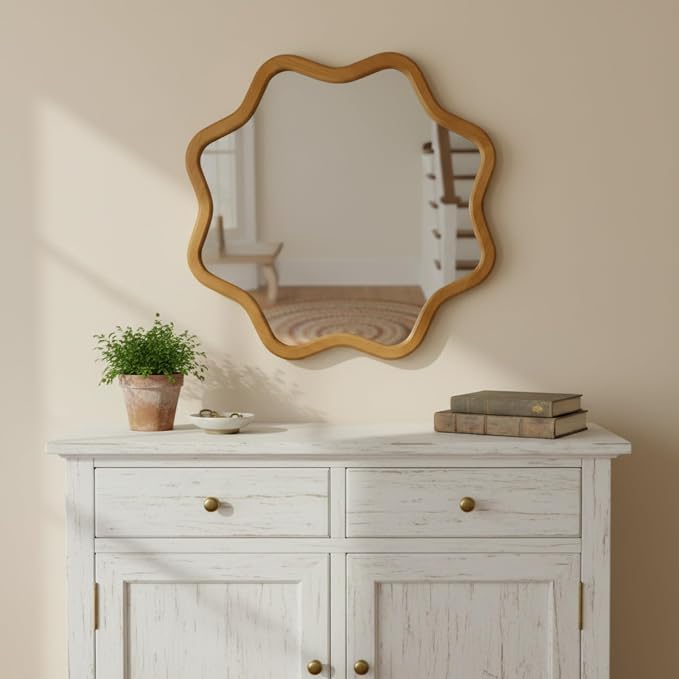 ZIYOO Star Shaped Wall Mirror, Natural Wood Grain Scalloped Edge Decorative Mirror, Boho Accent Mirror for Entryway Bathroom Living Room Bedroom (Wood,28")