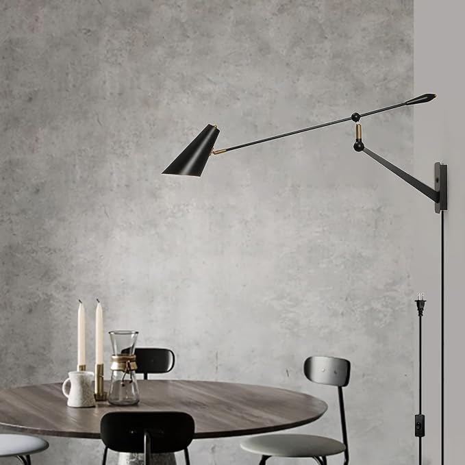 Adjustable Directional Plug in wall Light Swing arm, Unique Long Pole wall Lamps for Living Room Sofa Background Wall, Movable Retro Style Dining Table Large wall Mount lamp, E26 Base
