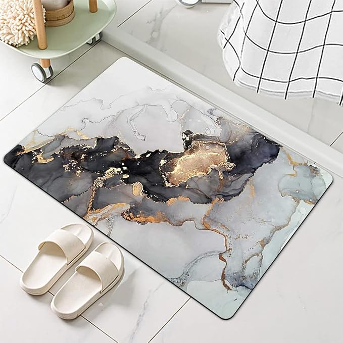 Diatomaceous Earth Bath Mat,Grey Gold Marble Non-Slip Volume Super Absorbent Fast Drying for Bathroom Kitchen Door mat,Eco-Friendly Easy to Clean 16×24Inch (40 * 60cm)