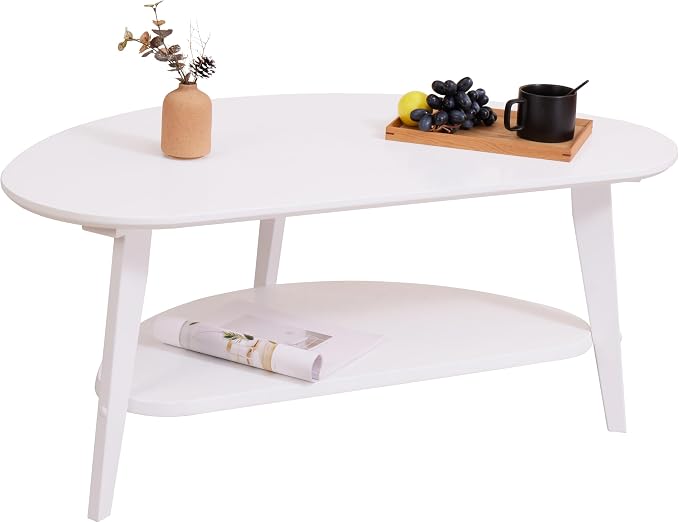 NAVREX Mid Century Modern Coffee Table, Oval Coffee Tables with Storage for Living Room, 2 Tier Solid Wood Center Table, White Coffe Tables, Easy Assembly, Value Lies in Material 40.2" D x 22" W