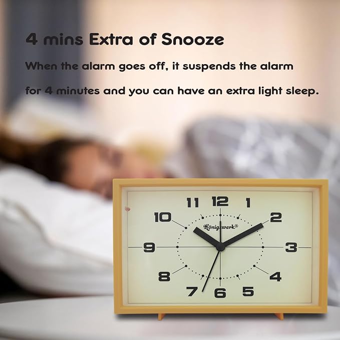 Analog Alarm Clock, 6 inch Silent Non Ticking Small Clock with Night Light, Battery Operated Simply Design for Bedroom, Bedside, Living Room, Room Decor, Desk, Table (Yellow)
