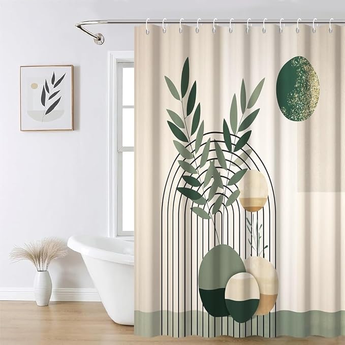Mid Century Boho Shower Curtain for Bathroom Modern Abstract Minimalist Bathroom Decor Set Green Leaf Sun Arch Bathtub Curtains Machine Washable Waterproof Polyester Fabric with Hooks 70x72 Inch