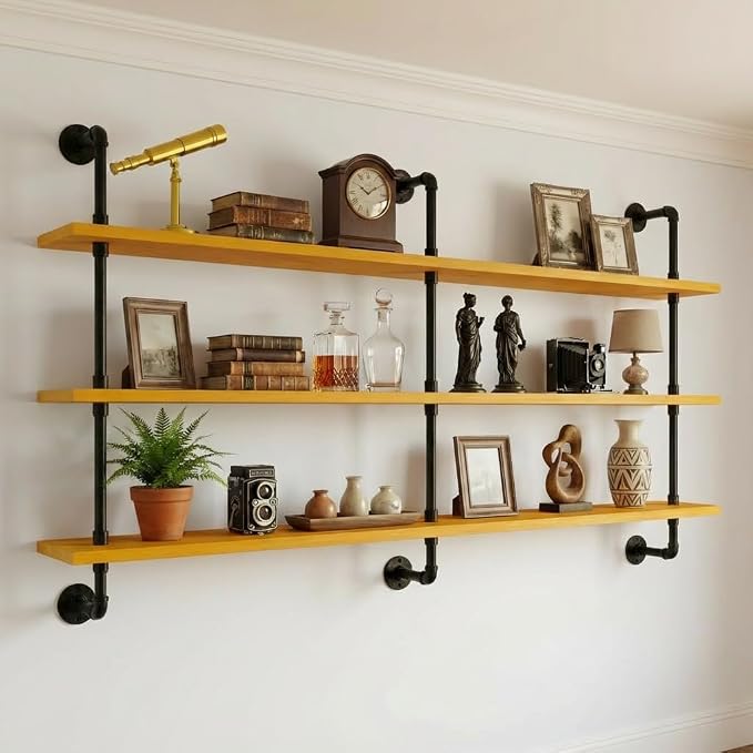 HDDFER Floating Shelves for Wall Bookshelf Industrial Pipe Shelving Shelves Natural Wood Planks Rustic Wall Shelves Hanging Bookshelves Farmhouse Kitchen Shelving 60 inch