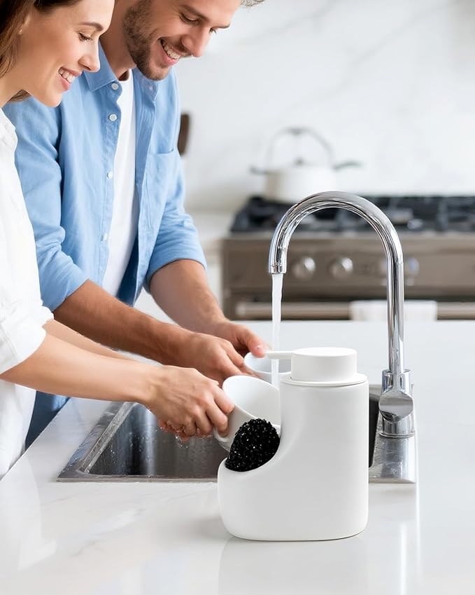 Ceramic Lotion Dispenser - 12 oz Bathroom Hand Pump Dispenser Hand Dish Soap Dispenser Bottles Black Pump Dish Liquid Dispenser for Kitchen… (Ceramic, White Foam Dispenser with Sponge)