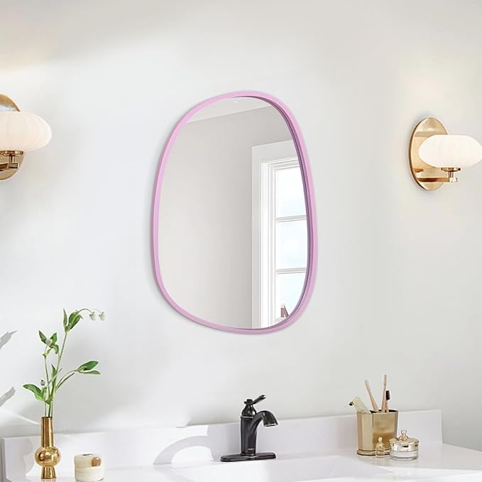 Irregular Wood Mirror with Frame Oval Asymmetrical Mirror for Wall Living Room Bedroom Bathroom Entryway Hallways Modern Unique Decorative Artistic Hanging Mirror Pink