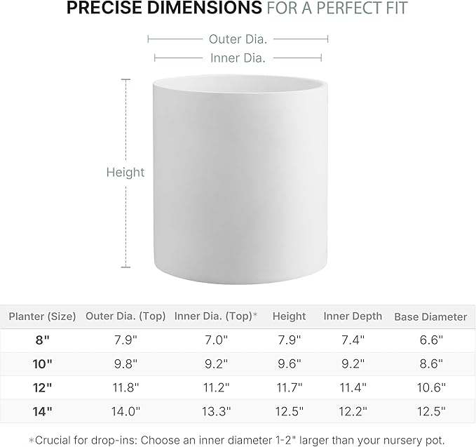 FaithLand 12 Inch Fiberstone Planter - Lightweight Modern Cylinder Plant Pot with Drainage Hole & Plug, Indoor Outdoor Use, Matte White