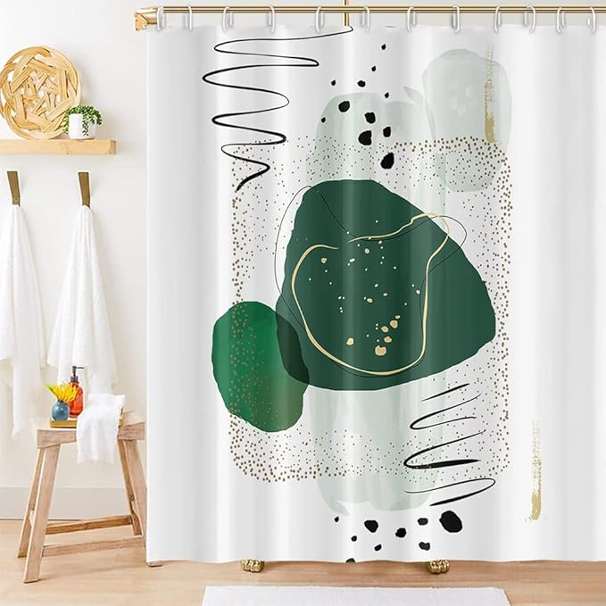 Abstract Mid Century Shower Curtain Watercolor Green Chic Pattern Design for Modern Minimalist Bathroom Decor Accessories Shower Curtain Set with 12 Hooks, 69x70 Inches