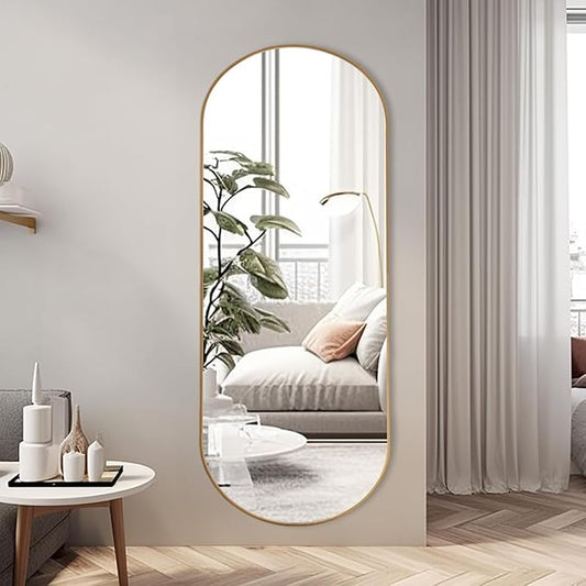 Arched Full Length Floor Mirror, Oval Full Floor Mirror, Large Wall Mounted Arched-Top Body for Living Room, Bedroom, Bathroom, Entryway, Dressing Room (Gold, 65 * 22)