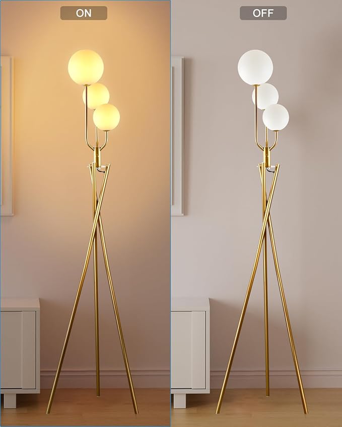 Lightdot Gold Floor Lamp Dimmable Mid Century Tripod Floor Lamp with 3 Pole Lights with 3Pcs 3000K Bulbs Included Tripod Standing Lamps with Stable Base for Living Room/Sofa Beside/Corner Decor