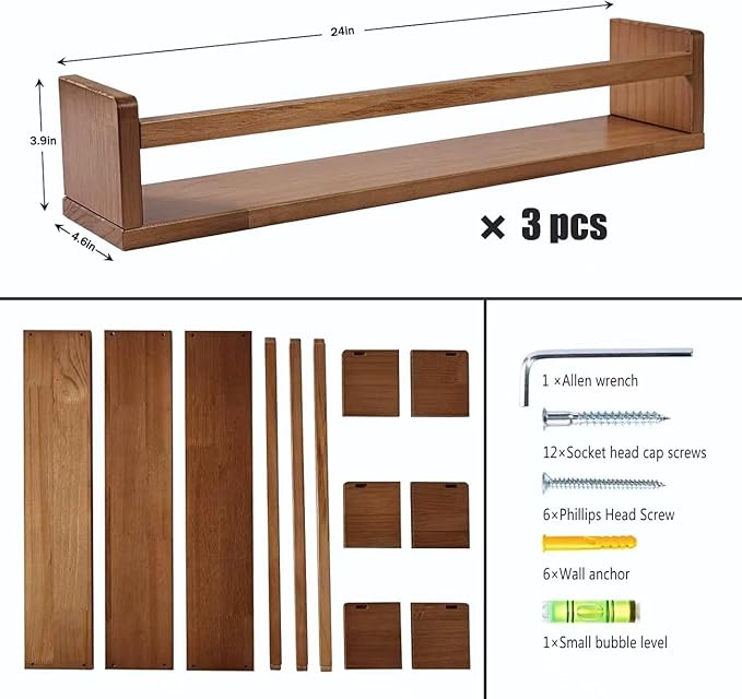 AZSKY Nursery Shelves Light Walnut Floating Book Shelf Organizer for Baby Nursery Décor Wall Book Shelves for Kids Room 24 Inch Wood Wall Ledge Shelves for Bathroom Kitchen Spice Rack a Set of 3