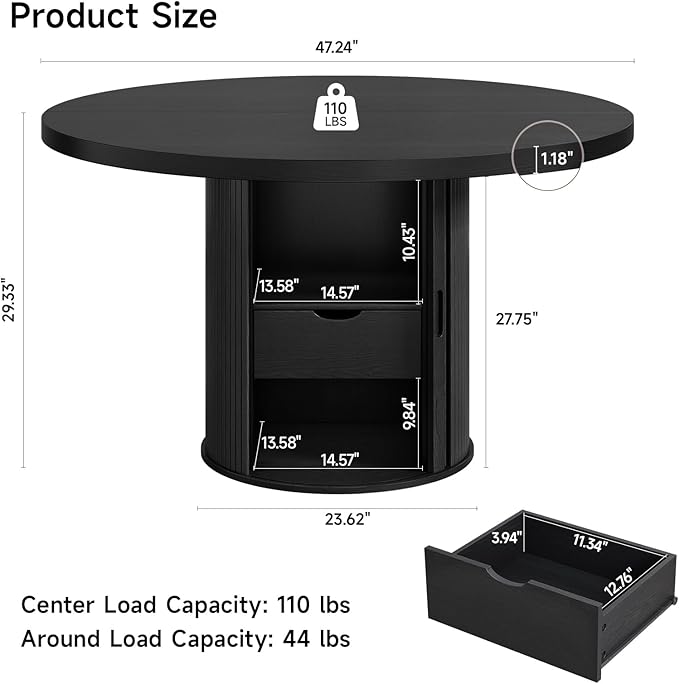 47 inch Round Dining Table for 4, Circle Kitchen Table with 2-Layer Storage Shelf and a Drawer, Modern Farmhouse Dinner Tables with Sliding Door and Wood Strip Base for Kitchen, Living Room (Black)